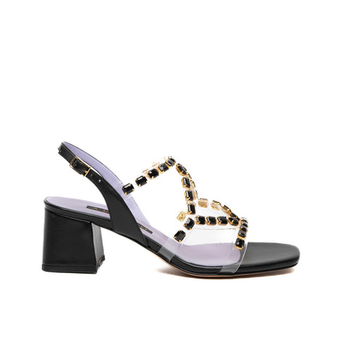 SANDALO NERO DONNA IN PLEXIGLASS CON PIETRE