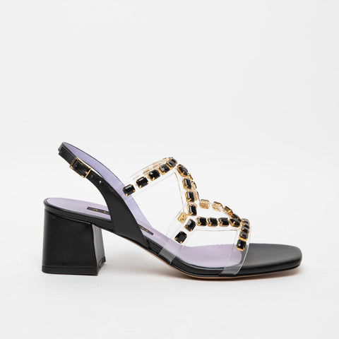 SANDALO NERO DONNA IN PLEXIGLASS CON PIETRE