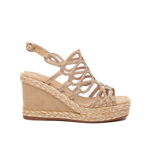 SANDALO BEIGE DONNA IN TESSUTO CON STRASS