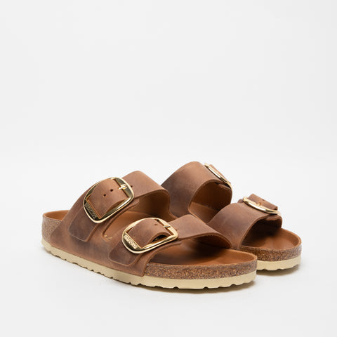 ARIZONA BIG BUCKLE COGNAC WOMEN'S LEATHER SLIPPERS