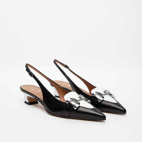 WOMEN'S BLACK/WHITE LEATHER SLINGBACK