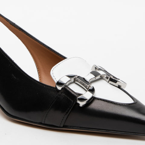 WOMEN'S BLACK/WHITE LEATHER SLINGBACK