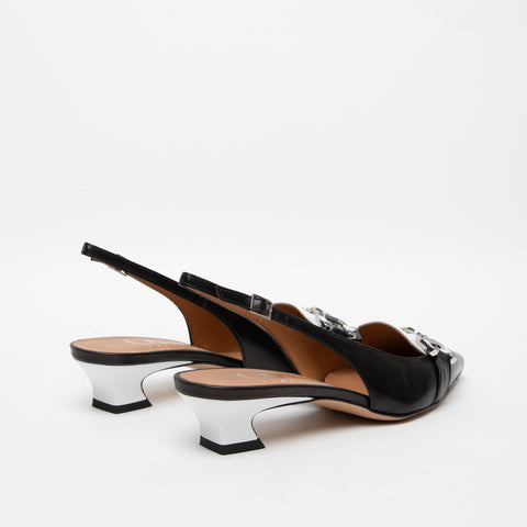 WOMEN'S BLACK/WHITE LEATHER SLINGBACK