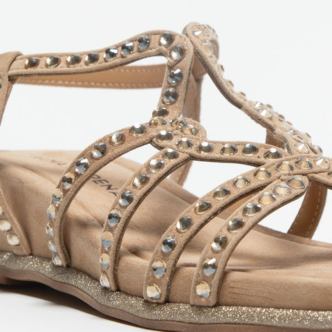 V251572 SUEDE SAND SANDALO DONNA IN PELLE CON STRASS